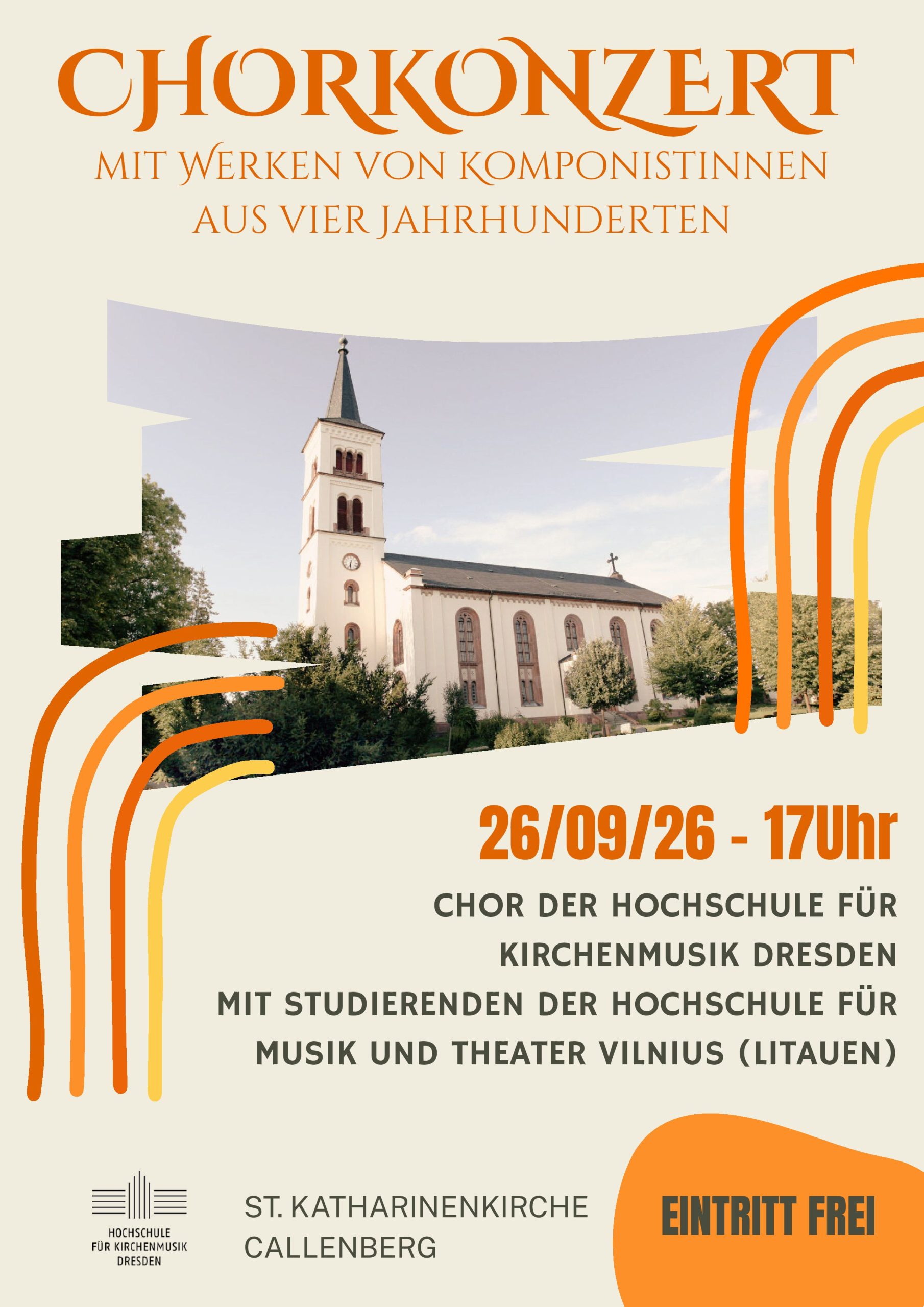 Plakat zum Chorkonzert: Werke von Komponistinnen aus vier Jahrhunderten, 26/09/26 um 17 Uhr, St. Katharinenkirche Callenberg, Eintritt frei